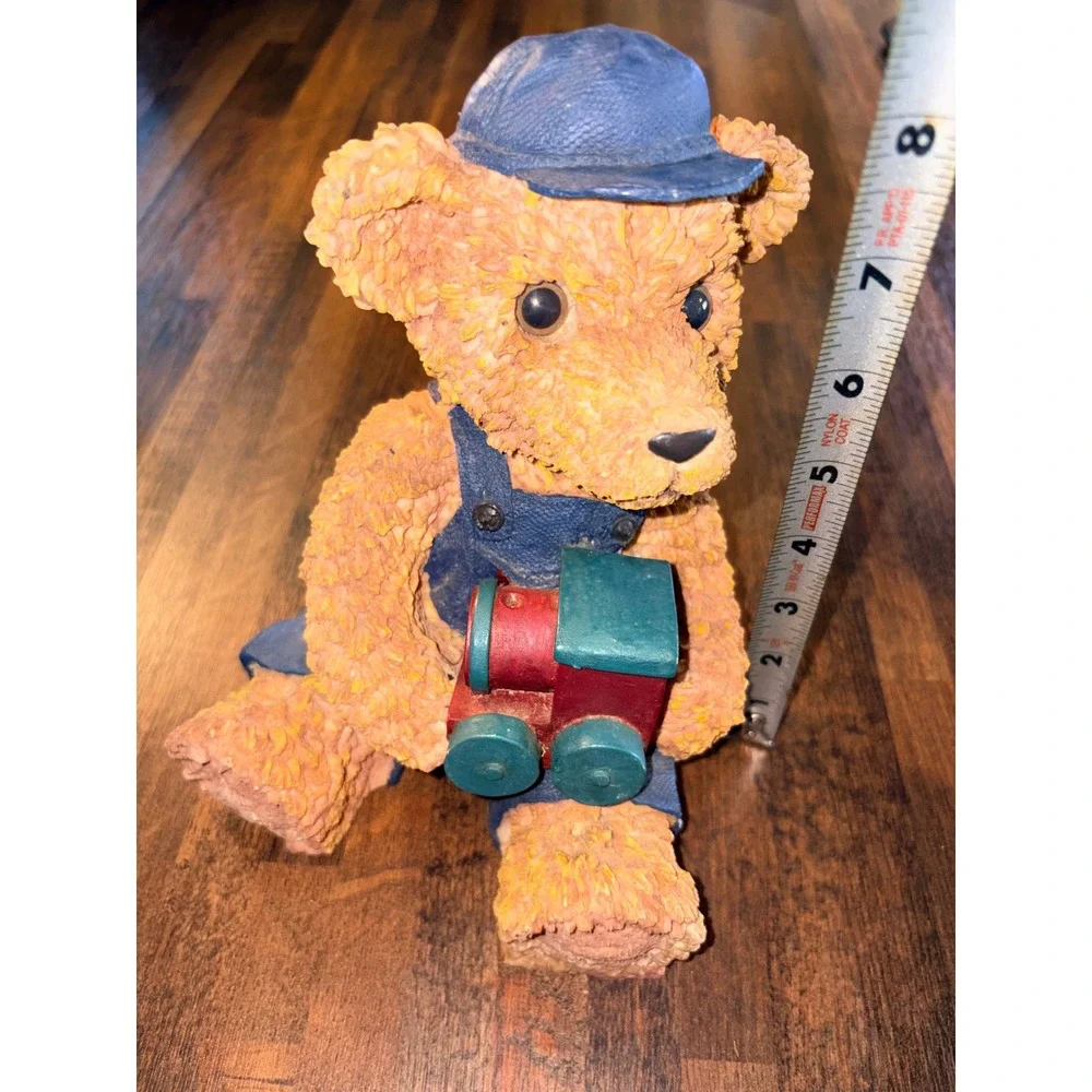 Vintage Resin Teddy Bear Coin Bank Engineer Hat Overalls with Toy Train Figurine